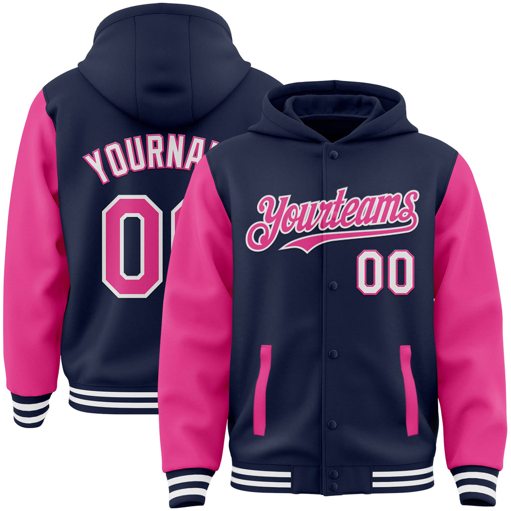 Custom Navy Pink-White Bomber Full-Snap Varsity Letterman Two Tone Hoodie Jacket