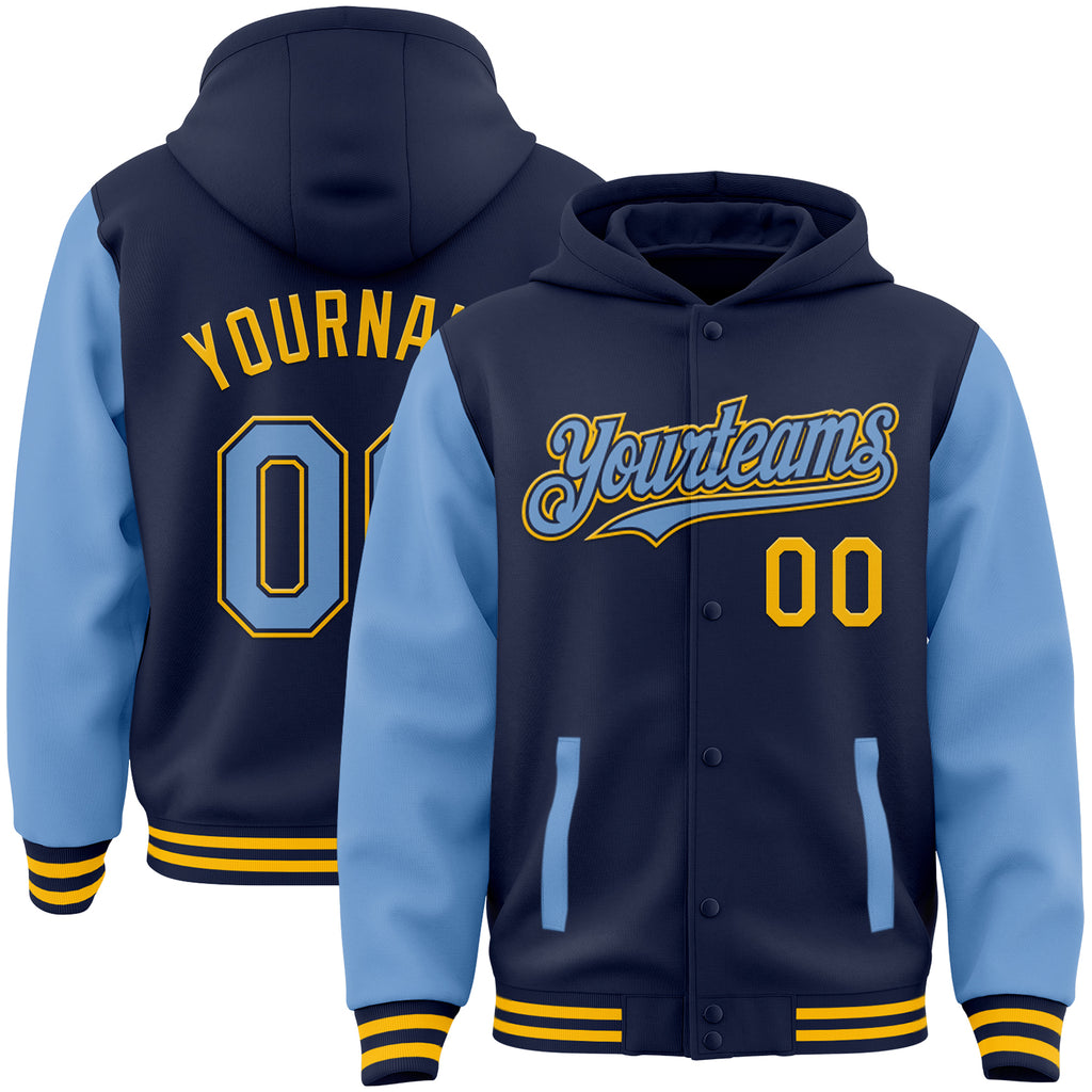 Custom Navy Light Blue-Gold Bomber Full-Snap Varsity Letterman Two Tone Hoodie Jacket