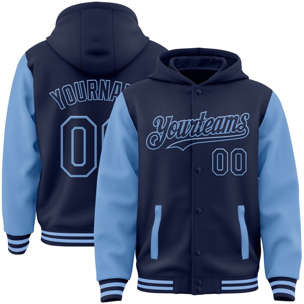 Custom Navy Light Blue Bomber Full-Snap Varsity Letterman Two Tone Hoodie Jacket