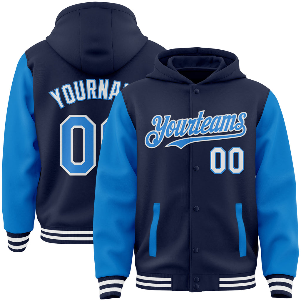 Custom Navy Powder Blue-White Bomber Full-Snap Varsity Letterman Two Tone Hoodie Jacket