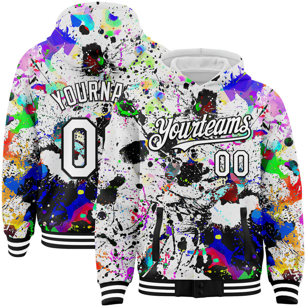 Custom Graffiti Pattern White-Black Splash 3D Bomber Full-Snap Varsity Letterman Hoodie Jacket