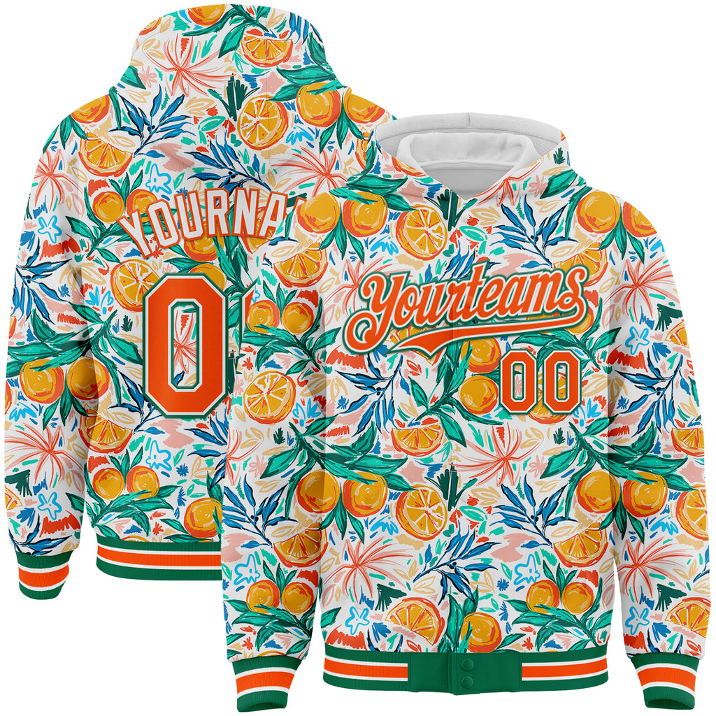 Custom White Orange-Kelly Green Fruit 3D Pattern Design Bomber Full-Snap Varsity Letterman Hoodie Jacket