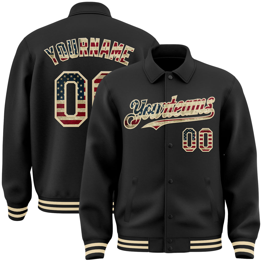 Custom Black Vintage USA Flag-Cream Bomber Full-Snap Varsity Letterman Lapel Collar Byron Jacket