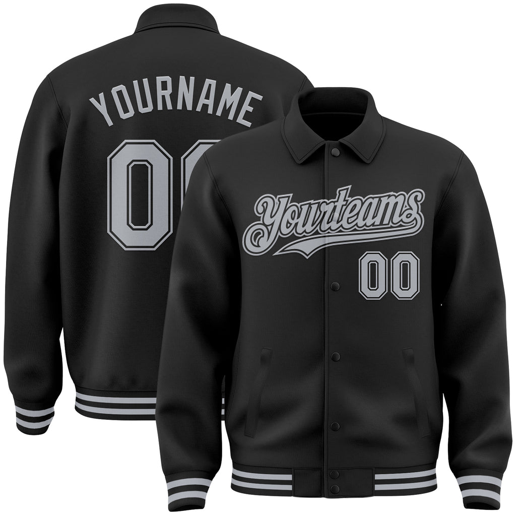 Custom Black Gray Bomber Full-Snap Varsity Letterman Lapel Collar Byron Jacket