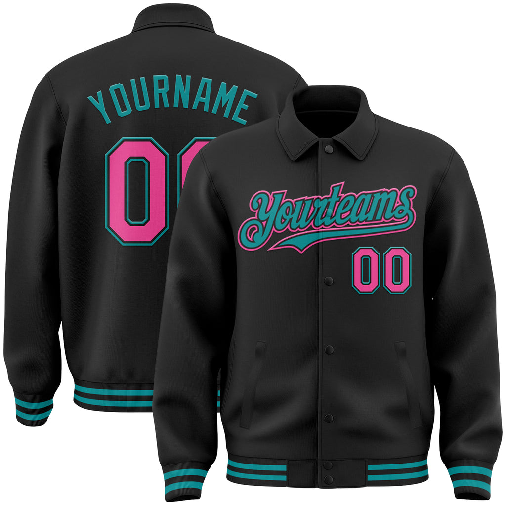 Custom Black Pink-Teal Bomber Full-Snap Varsity Letterman Lapel Collar Byron Jacket