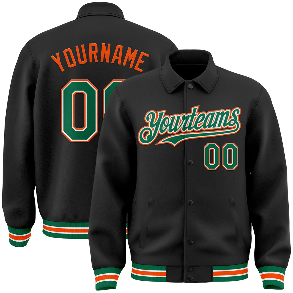 Custom Black Kelly Green-Orange Bomber Full-Snap Varsity Letterman Lapel Collar Byron Jacket