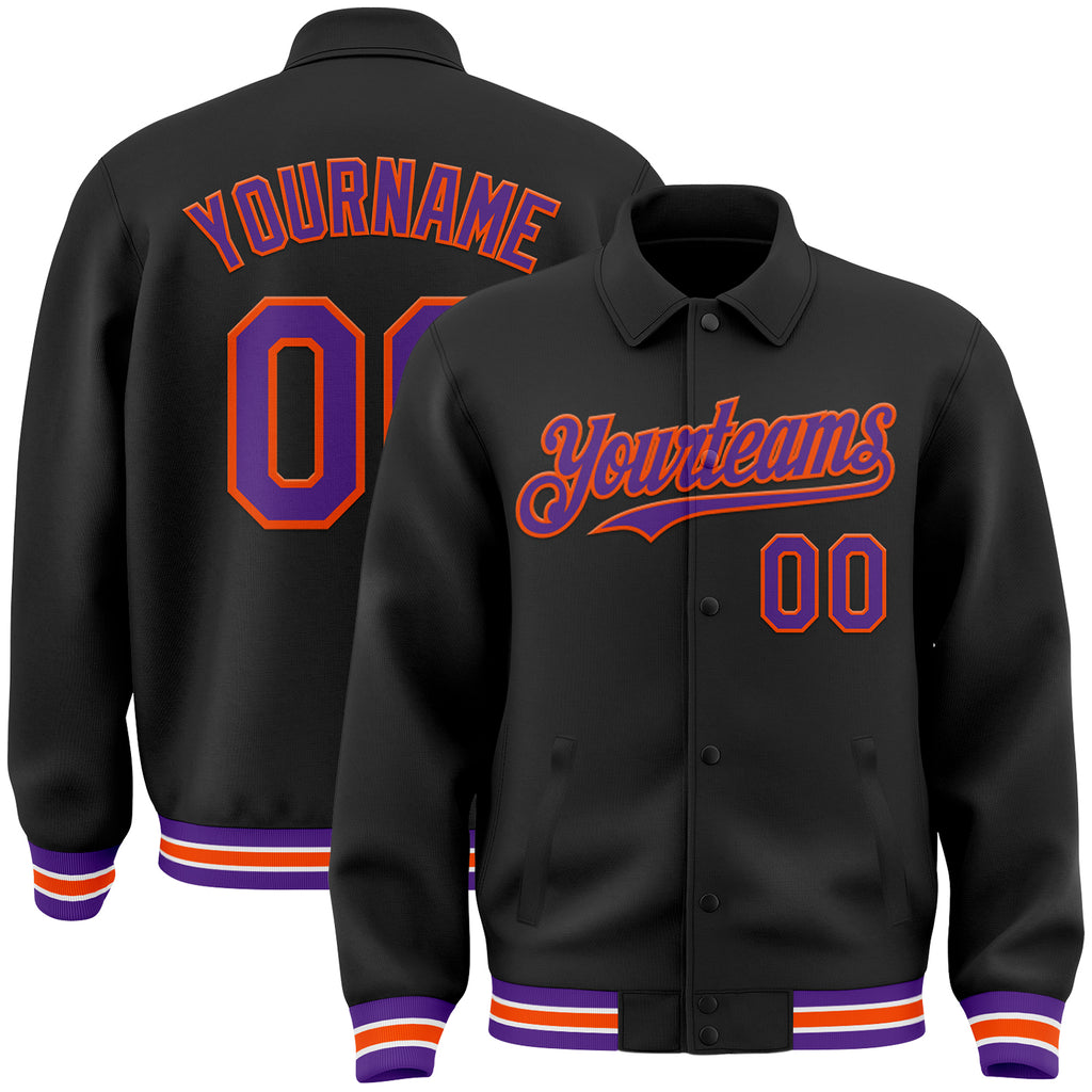 Custom Black Purple-Orange Bomber Full-Snap Varsity Letterman Lapel Collar Byron Jacket