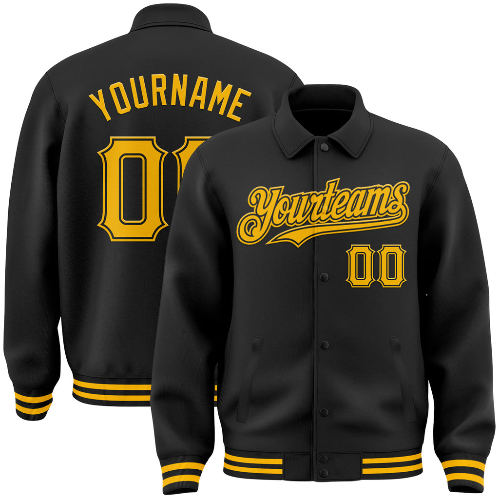 Custom Black Gold Bomber Full-Snap Varsity Letterman Lapel Collar Byron Jacket