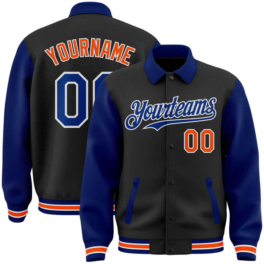 Custom Black Royal-Orange Bomber Full-Snap Varsity Letterman Two Tone Lapel Collar Byron Jacket