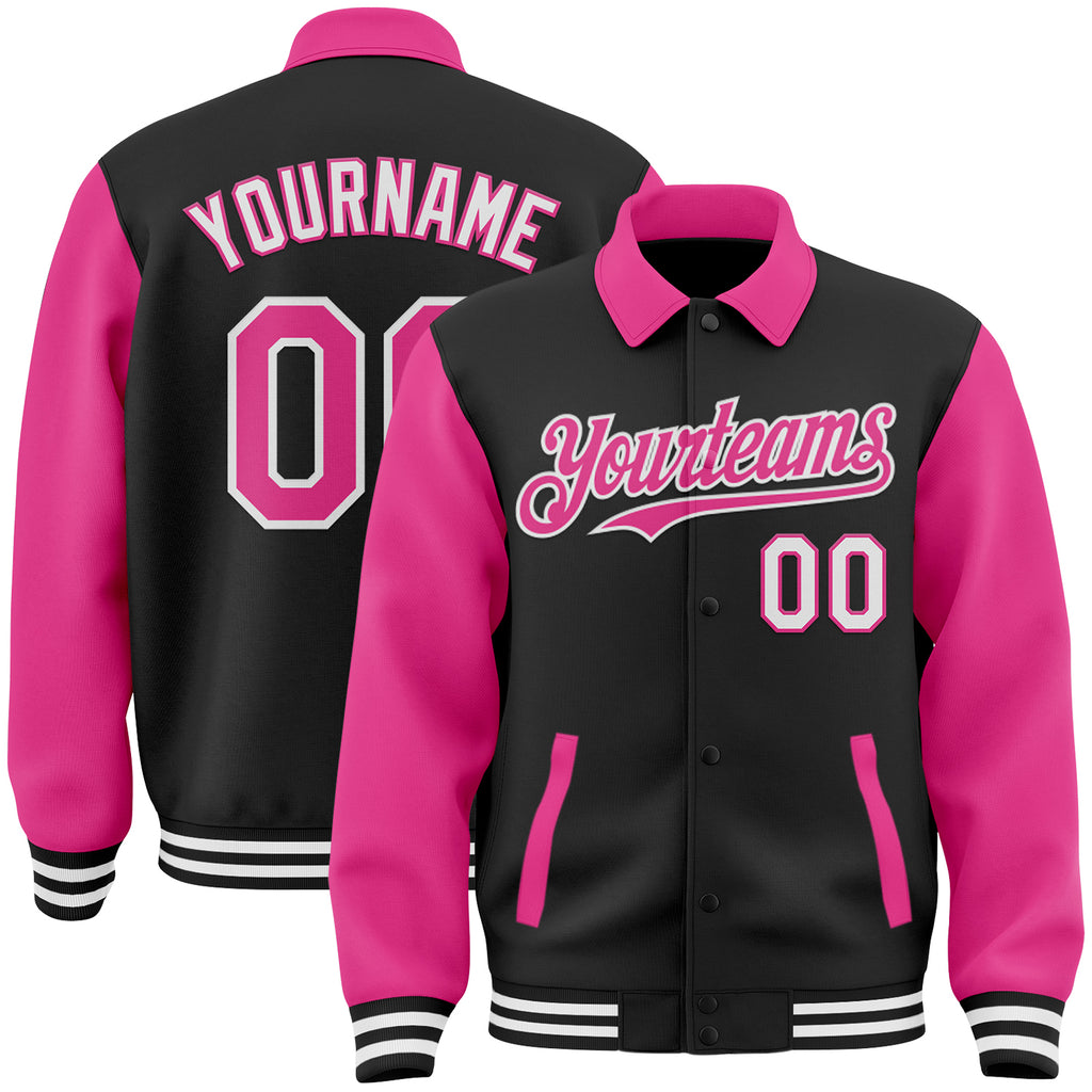 Custom Black Pink-White Bomber Full-Snap Varsity Letterman Two Tone Lapel Collar Byron Jacket