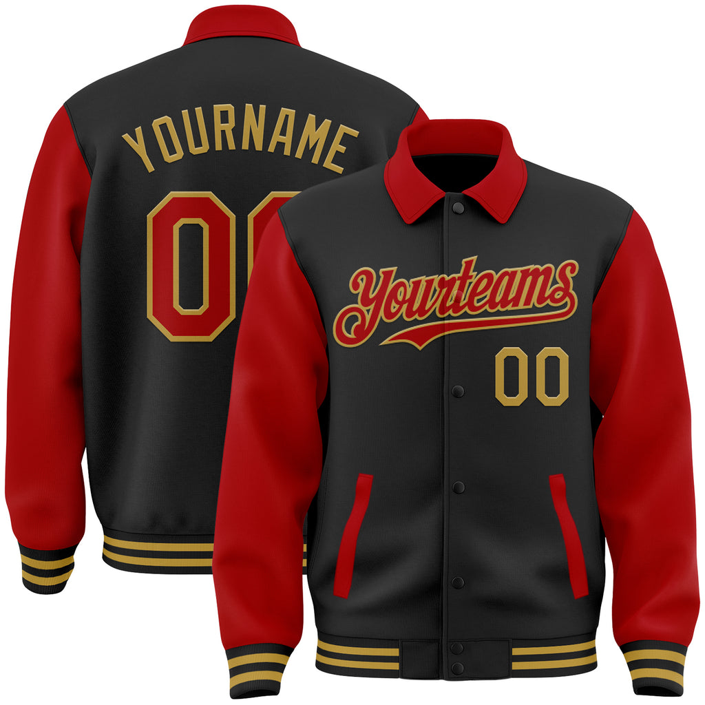 Custom Black Red-Old Gold Bomber Full-Snap Varsity Letterman Two Tone Lapel Collar Byron Jacket