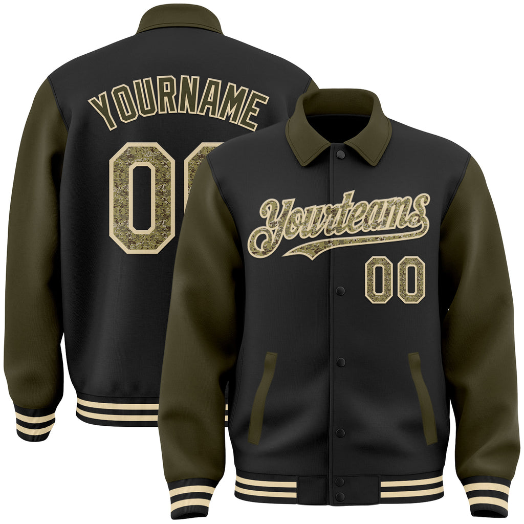 Custom Black Camo Olive-Cream Bomber Full-Snap Varsity Letterman Two Tone Lapel Collar Byron Jacket