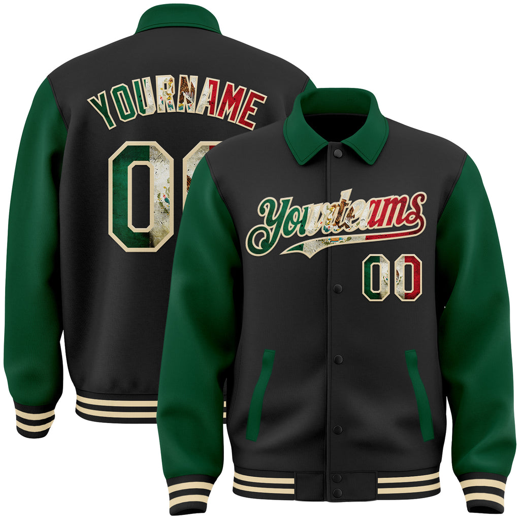 Custom Black Vintage Mexican Flag Kelly Green-Cream Bomber Full-Snap Varsity Letterman Two Tone Lapel Collar Byron Jacket