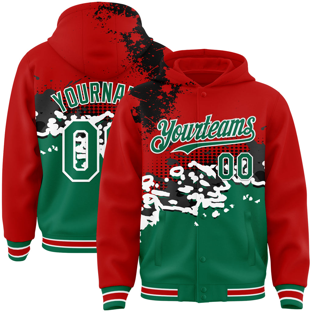 Custom Red Kelly Green-Black Abstract Splash Grunge Art 3D Pattern Design Bomber Full-Snap Varsity Letterman Hoodie Jacket