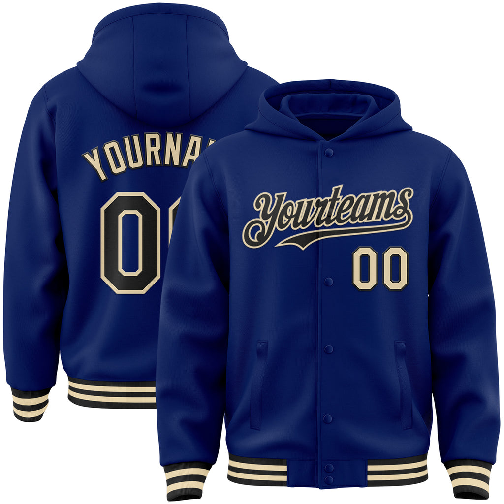 Custom Royal Black-Cream Bomber Full-Snap Varsity Letterman Hoodie Jacket