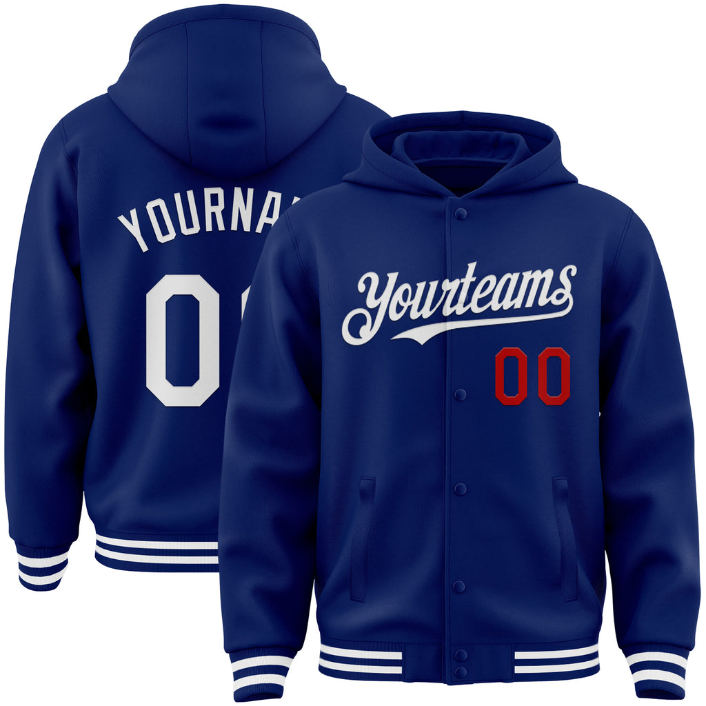 Custom Royal White-Red Bomber Full-Snap Varsity Letterman Hoodie Jacket