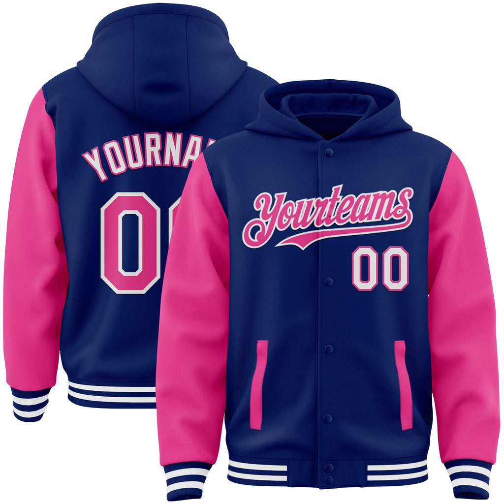 Custom Royal Pink-White Bomber Full-Snap Varsity Letterman Two Tone Hoodie Jacket