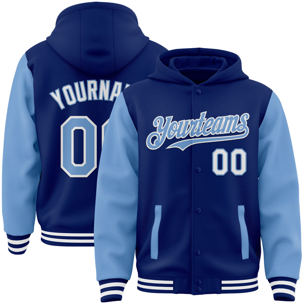 Custom Royal Light Blue-White Bomber Full-Snap Varsity Letterman Two Tone Hoodie Jacket