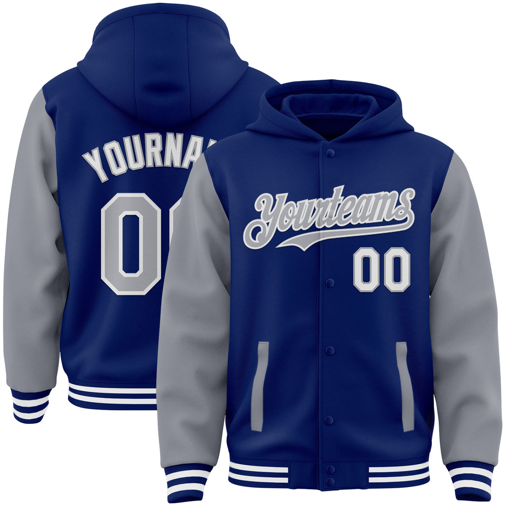 Custom Royal Gray-White Bomber Full-Snap Varsity Letterman Two Tone Hoodie Jacket