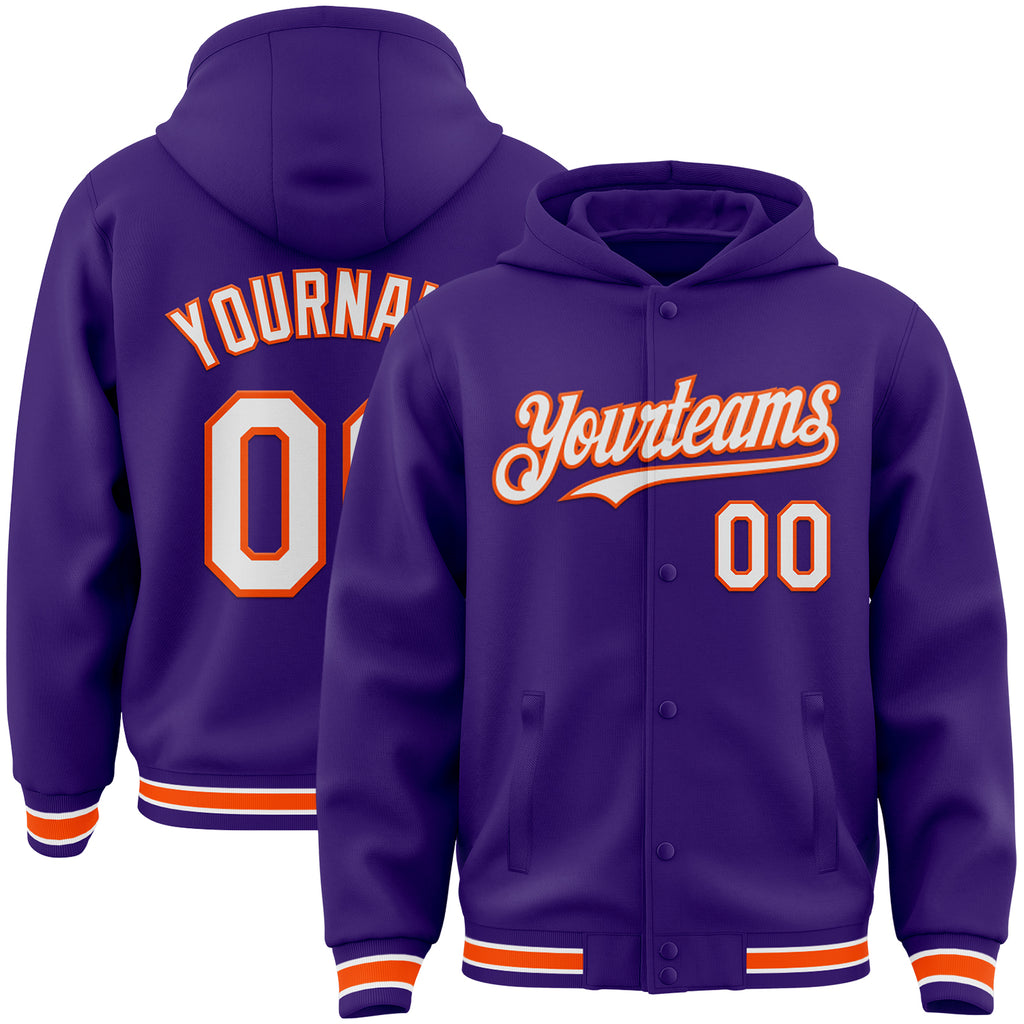 Custom Purple White-Orange Bomber Full-Snap Varsity Letterman Hoodie Jacket