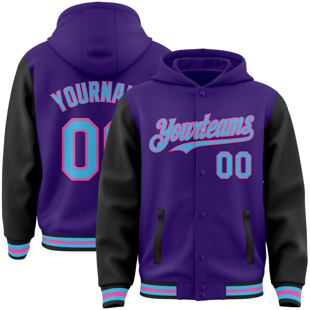 Custom Purple Sky Blue Black-Pink Bomber Full-Snap Varsity Letterman Two Tone Hoodie Jacket