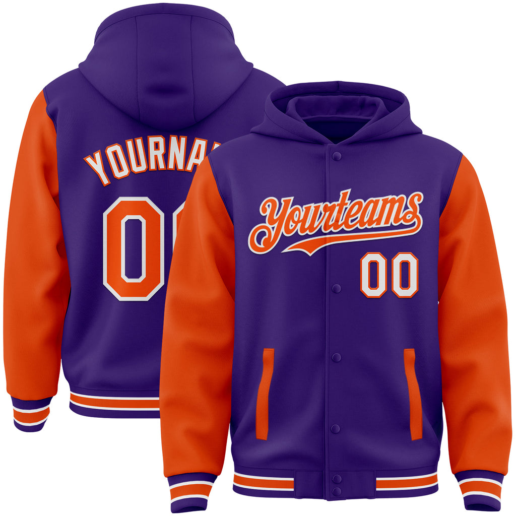 Custom Purple Orange-White Bomber Full-Snap Varsity Letterman Two Tone Hoodie Jacket