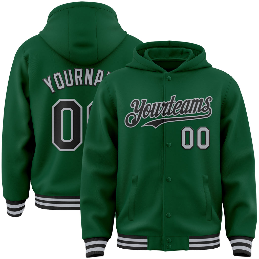 Custom Kelly Green Black-Gray Bomber Full-Snap Varsity Letterman Hoodie Jacket