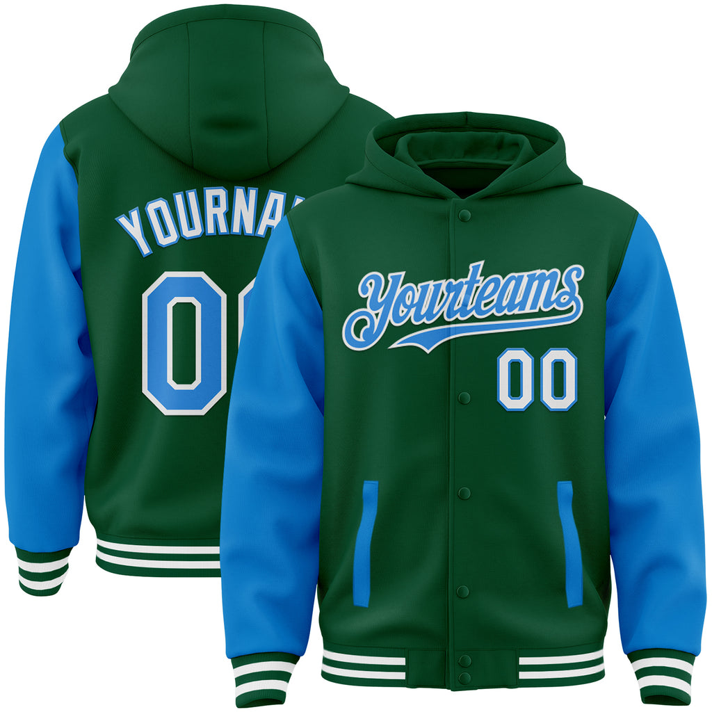 Custom Kelly Green Powder Blue-White Bomber Full-Snap Varsity Letterman Two Tone Hoodie Jacket