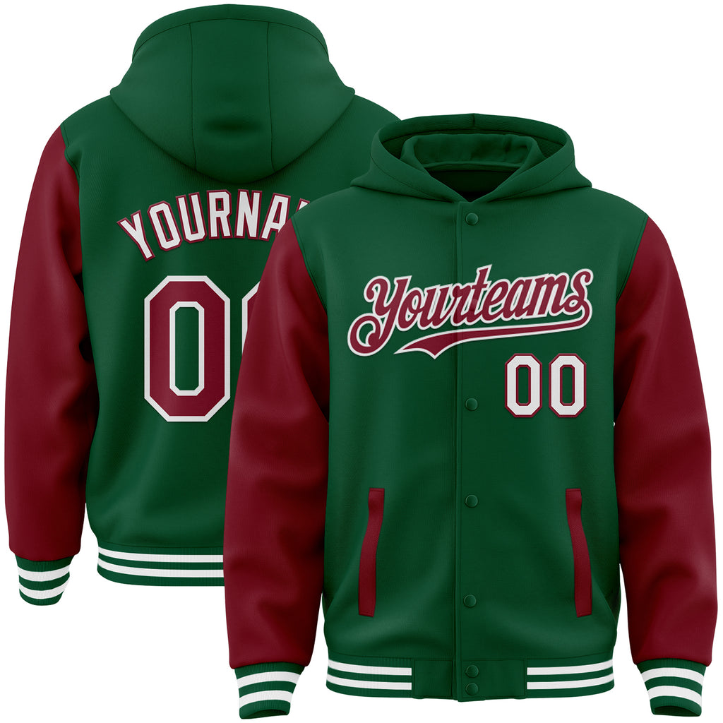 Custom Kelly Green Crimson-White Bomber Full-Snap Varsity Letterman Two Tone Hoodie Jacket