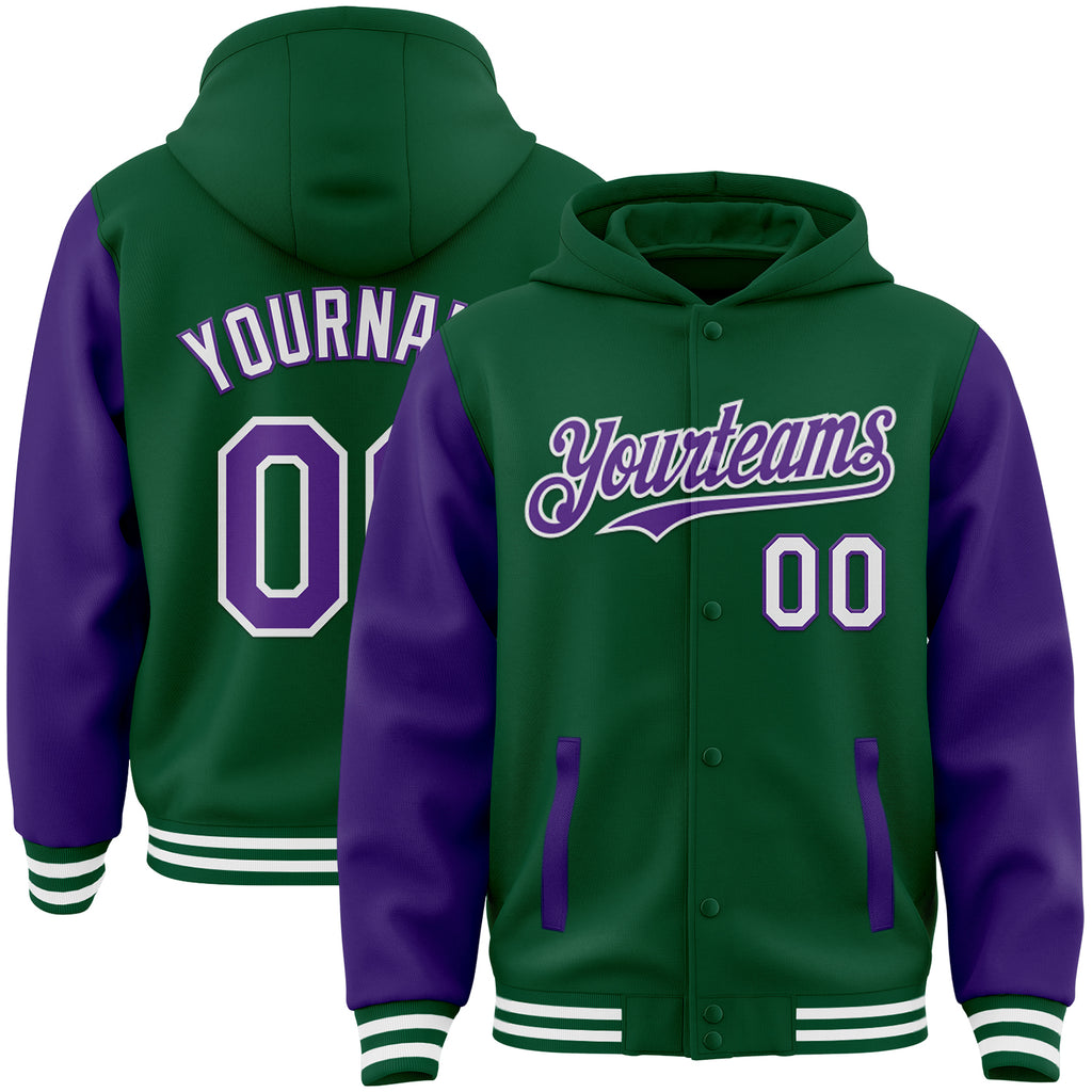 Custom Kelly Green Purple-White Bomber Full-Snap Varsity Letterman Two Tone Hoodie Jacket