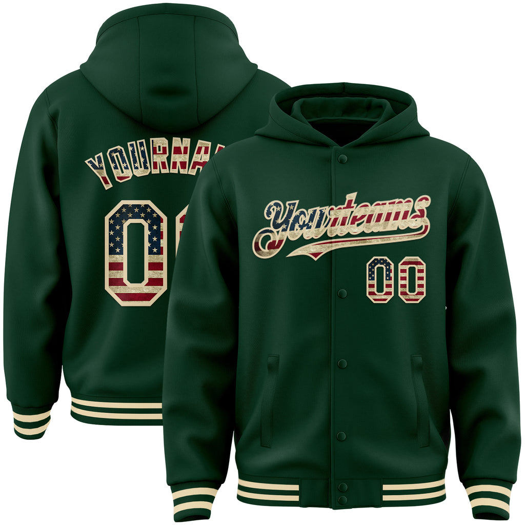 Custom Green Vintage USA Flag-Cream Bomber Full-Snap Varsity Letterman Hoodie Jacket