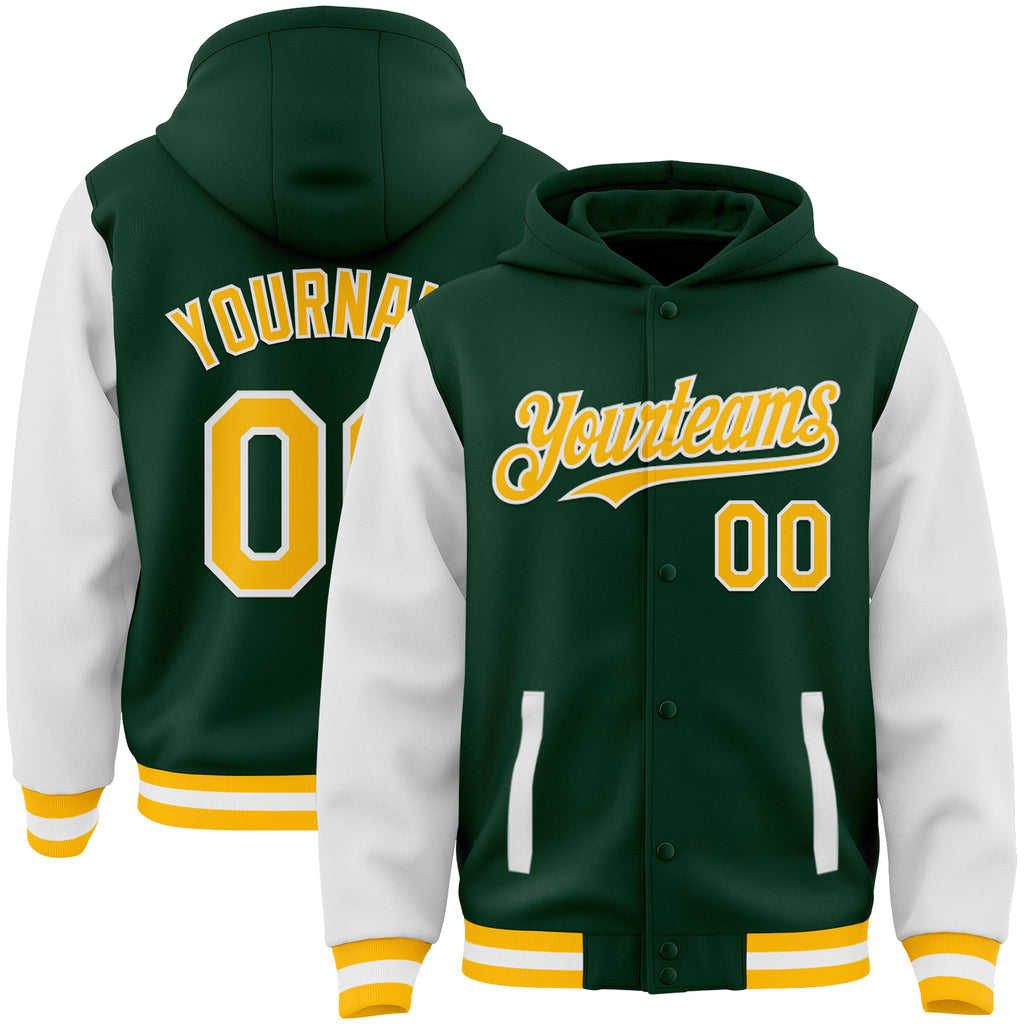 Custom Green Gold-White Bomber Full-Snap Varsity Letterman Two Tone Hoodie Jacket