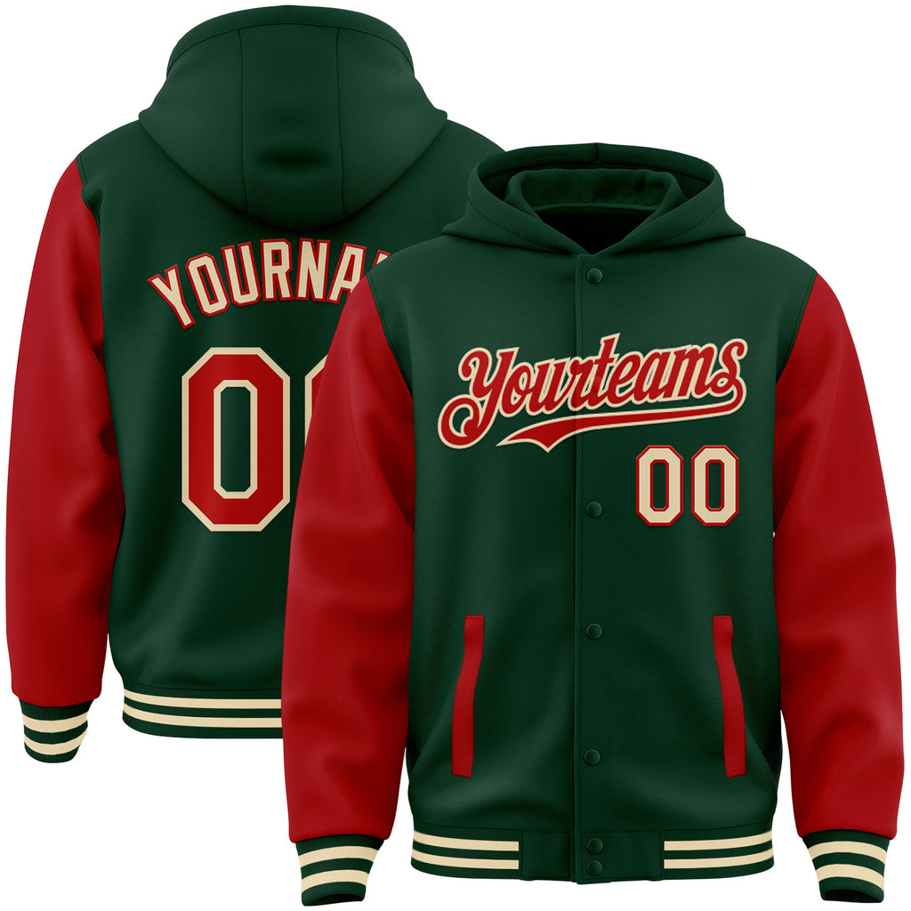 Custom Green Red-Cream Bomber Full-Snap Varsity Letterman Two Tone Hoodie Jacket