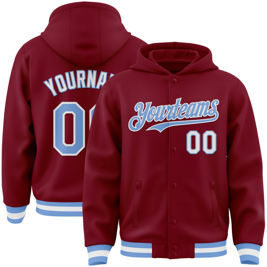 Custom Crimson Light Blue-White Bomber Full-Snap Varsity Letterman Hoodie Jacket