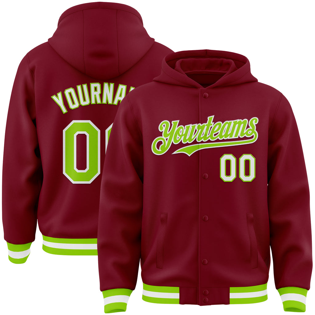 Custom Crimson Neon Green-White Bomber Full-Snap Varsity Letterman Hoodie Jacket