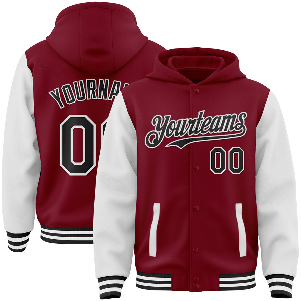 Custom Crimson Black-White Bomber Full-Snap Varsity Letterman Two Tone Hoodie Jacket