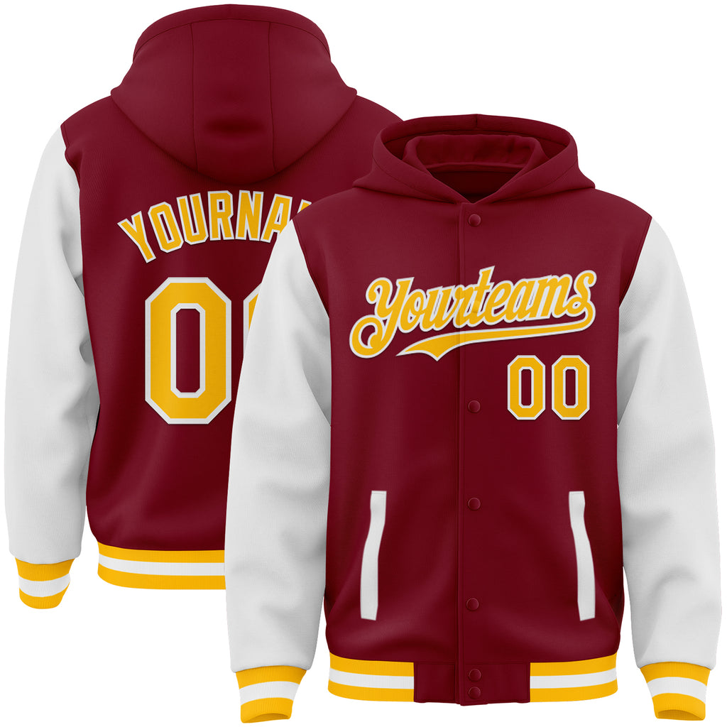 Custom Crimson Gold-White Bomber Full-Snap Varsity Letterman Two Tone Hoodie Jacket