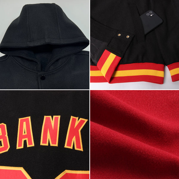 Custom Crimson Black-Old Gold Bomber Full-Snap Varsity Letterman Two Tone Hoodie Jacket