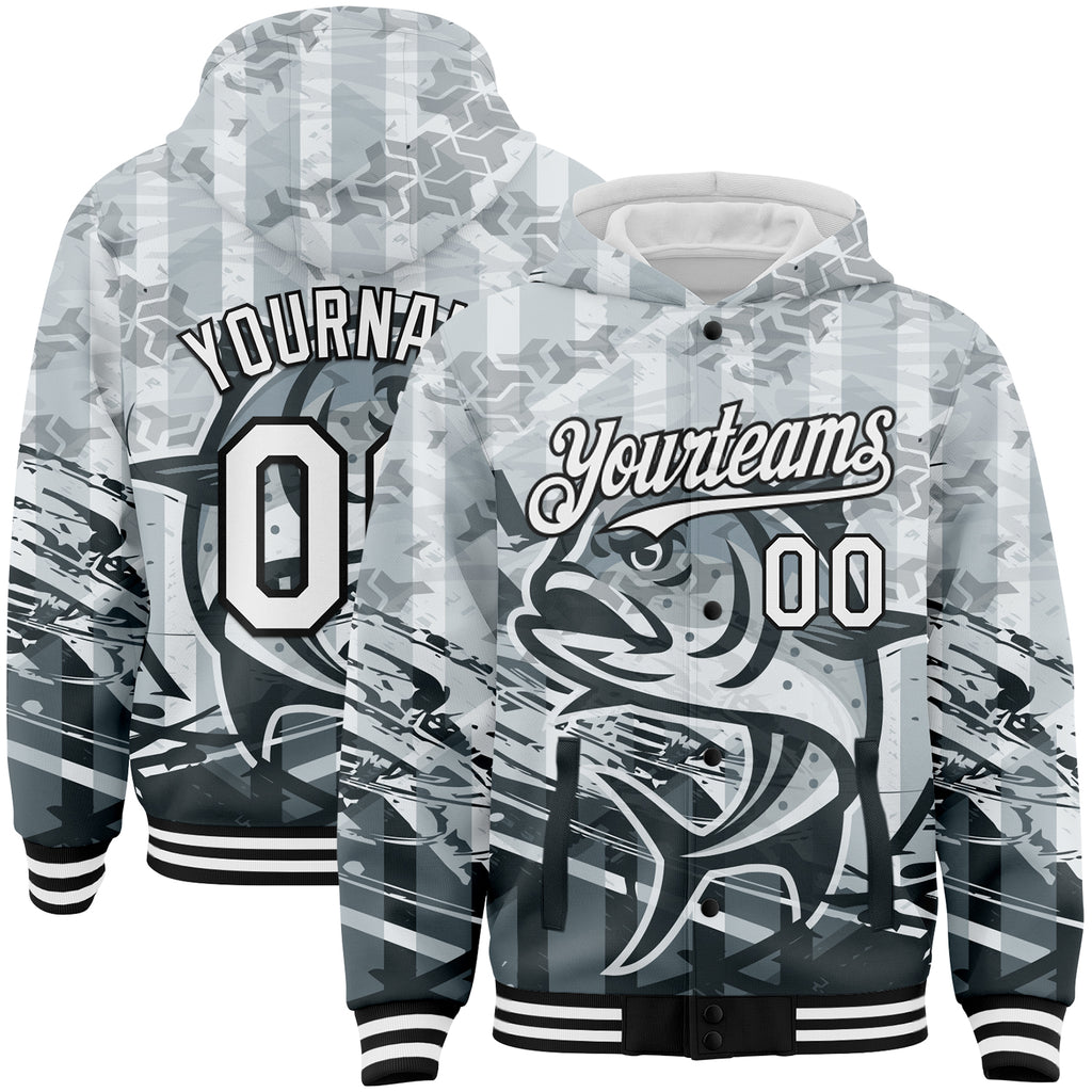 Custom Gray White-Black Giant Trevally Fish Fishing 3D Bomber Full-Snap Varsity Letterman Hoodie Jacket