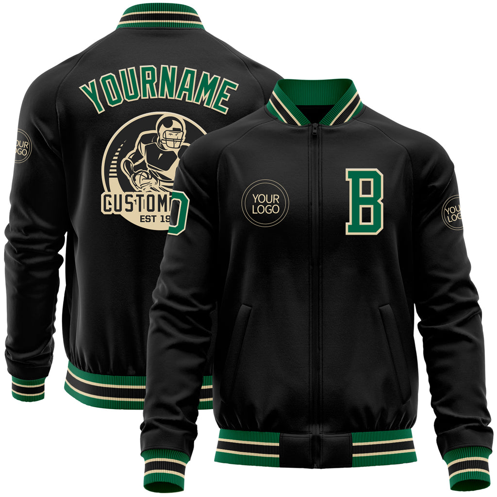 Custom Black Kelly Green-Cream Bomber Varsity Letterman Zipper Jacket