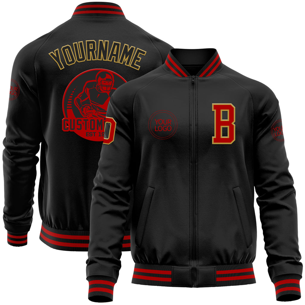 Custom Black Red-Old Gold Bomber Varsity Letterman Zipper Jacket