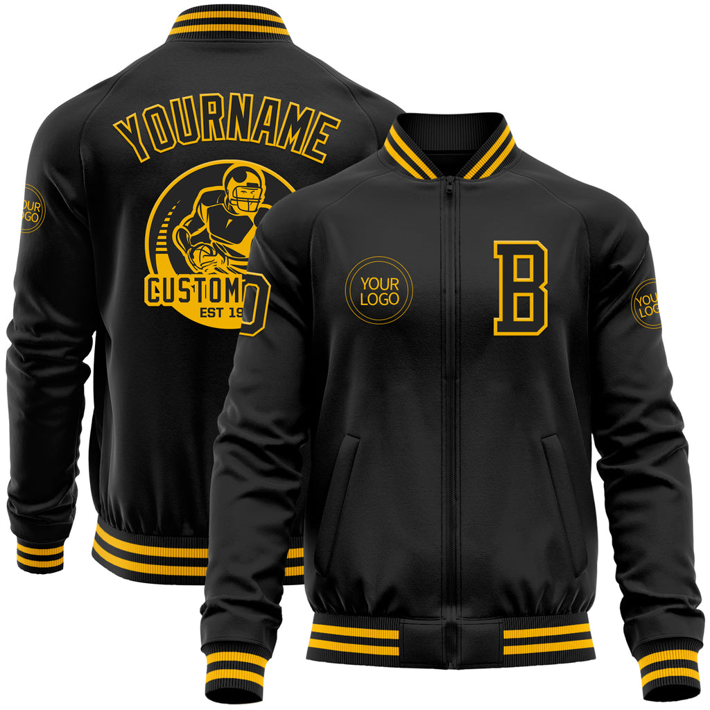 Custom Black Gold Bomber Varsity Letterman Zipper Jacket