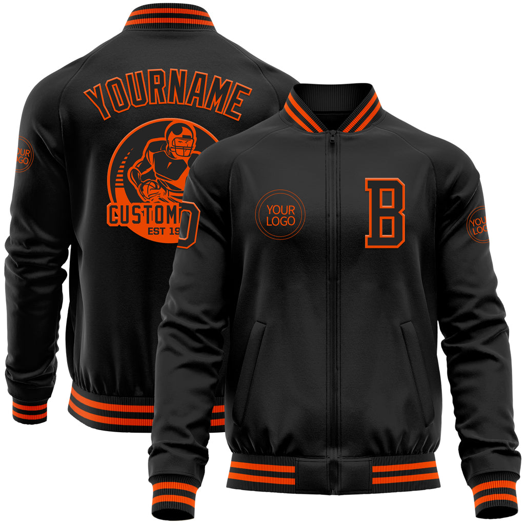 Custom Black Orange Bomber Varsity Letterman Zipper Jacket