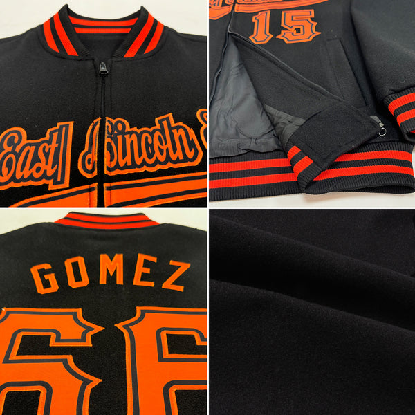 Custom Black Powder Blue-Orange Bomber Varsity Letterman Zipper Jacket