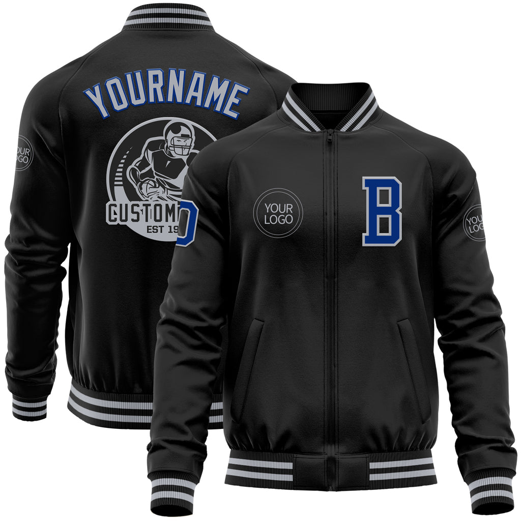 Custom Black Royal-Gray Bomber Varsity Letterman Zipper Jacket