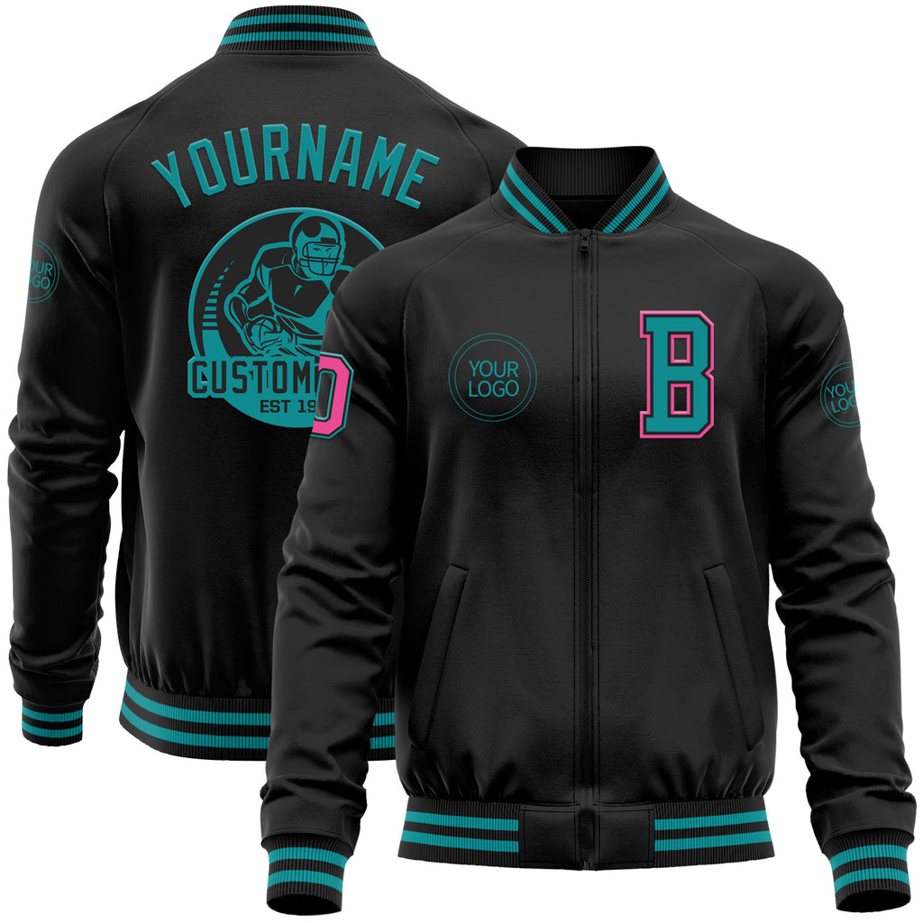 Custom Black Teal-Pink Bomber Varsity Letterman Zipper Jacket