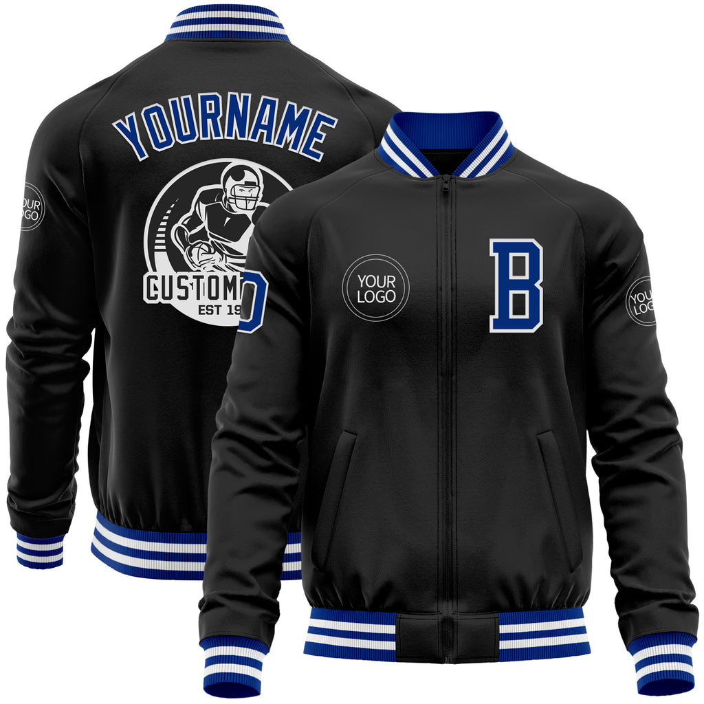 Custom Black Royal-White Bomber Varsity Letterman Zipper Jacket