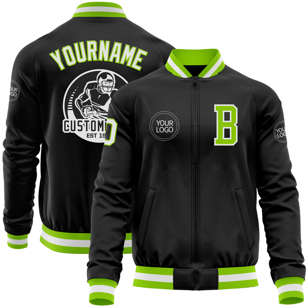 Custom Black Neon Green-White Bomber Varsity Letterman Zipper Jacket