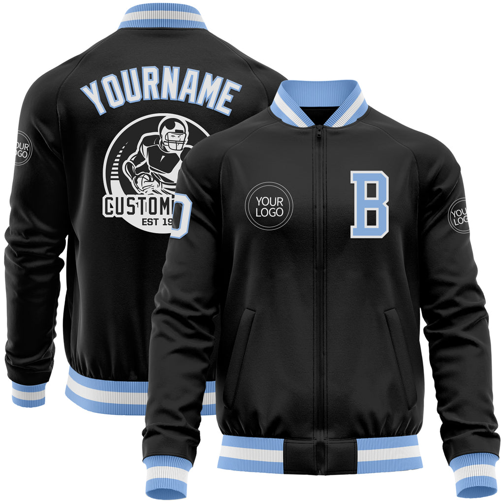 Custom Black Light Blue-White Bomber Varsity Letterman Zipper Jacket