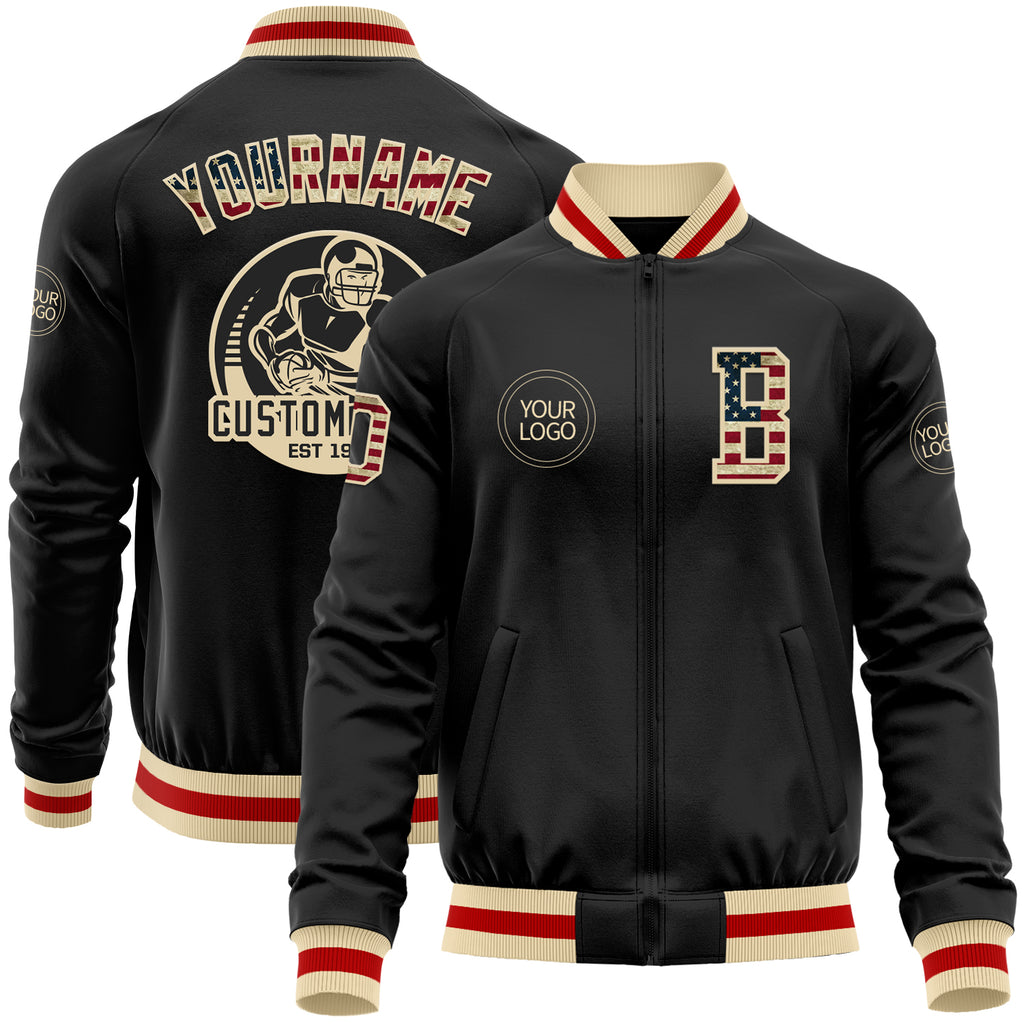 Custom Black Vintage USA Flag Cream-Red Bomber Varsity Letterman Zipper Jacket